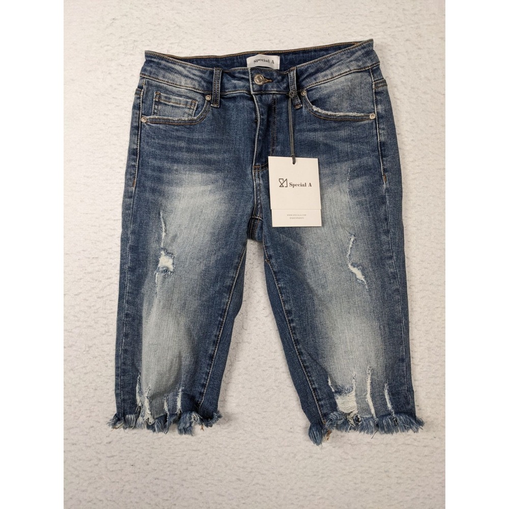 Special A Denim Bermuda Shorts Medium Frayed Hem Blue Distressed
